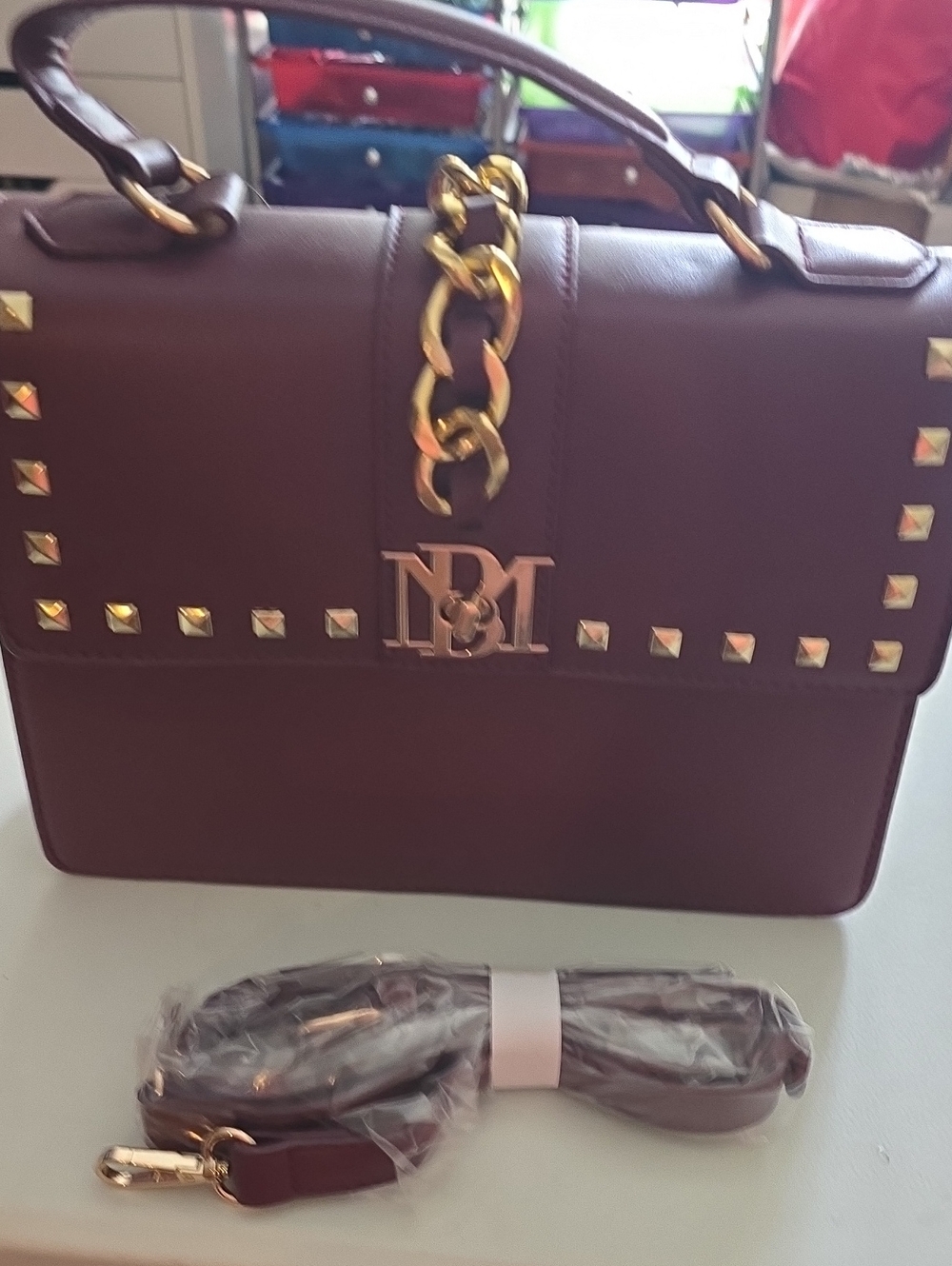 Badgley Mischka Wine Studded Top-Handle Satchel with Gold Hardware